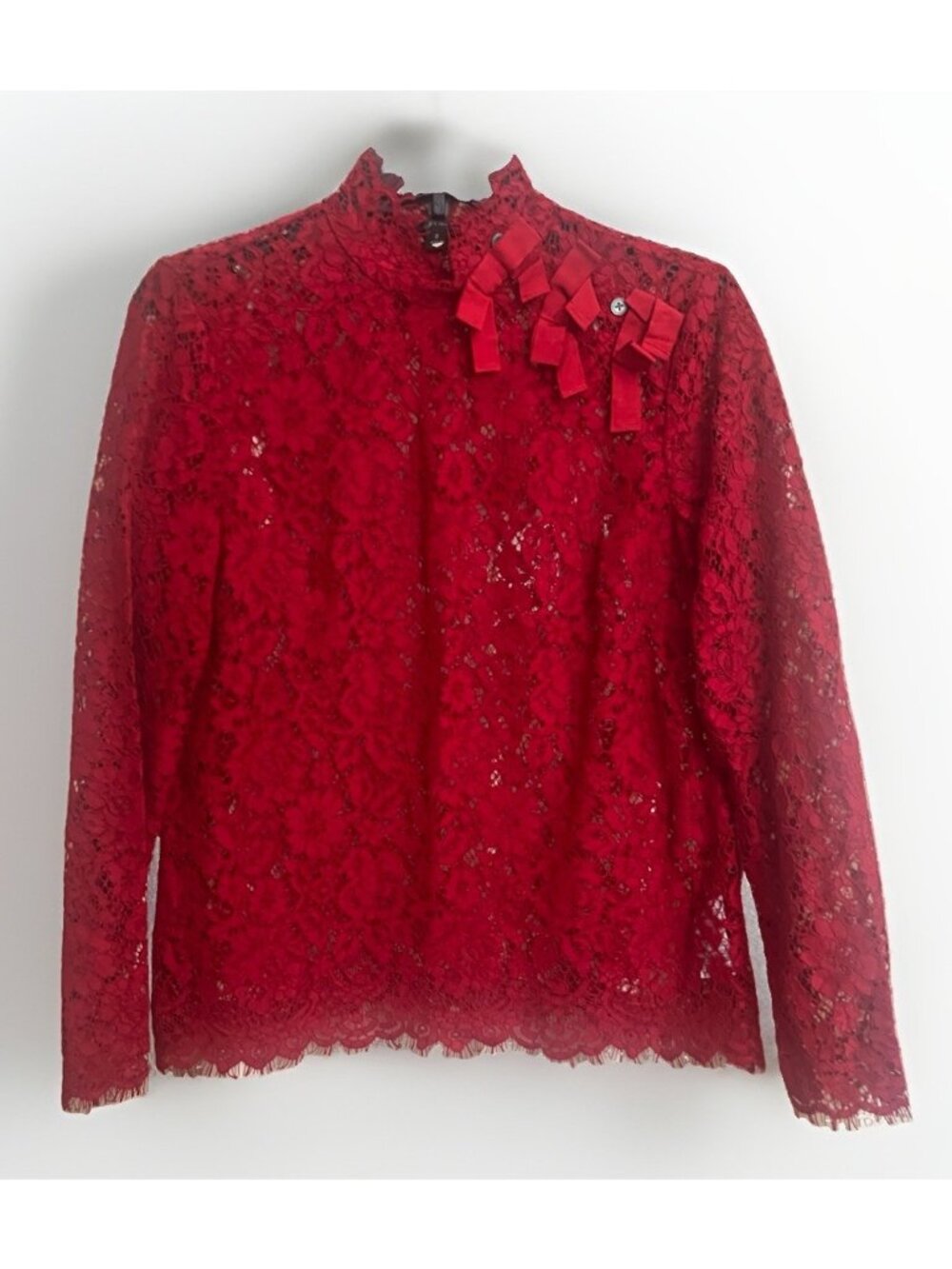 J Crew Womens Red Lace Long Sleeve Button Up Blouse Festive Party Top 2 No Liner